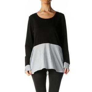 Marled Black and White Striped Contrast Crewneck Long Sleeve Top Size S